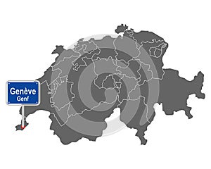 Map of Switzerland with road sign of GenÃ¨ve photo