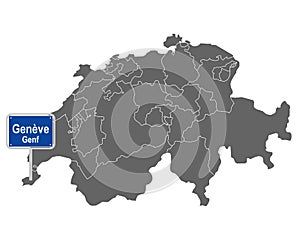 Map of Switzerland with road sign of GenÃ¨ve photo