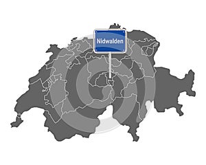 Map of Switzerland with road sign of Nidwalden