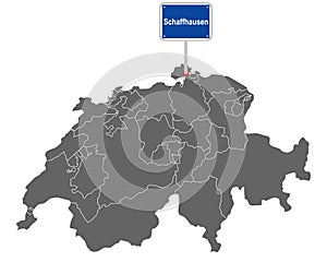 Map of Switzerland with road sign of Schaffhausen