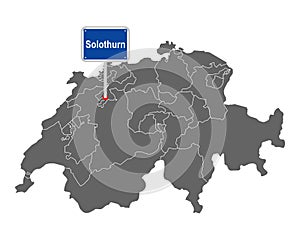 Map of Switzerland with road sign of Solothurn