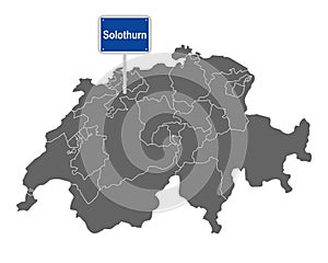 Map of Switzerland with road sign of Solothurn