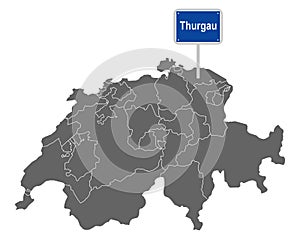 Map of Switzerland with road sign of Thurgau photo