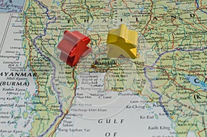 Map of Thailand showing conflict between red shirts and yellow shirts