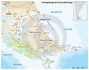 Map of Tierra del Fuego, archipelago at the southern tip of South America