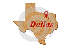 Map to the state of Texas USA in cork material with Dallas