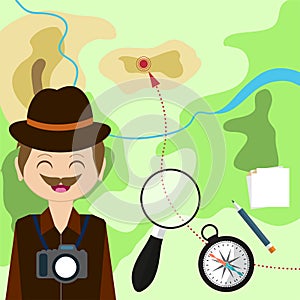 Map with tourist, compass, magnifying glass and . Child Game. Help the player to get here before the place.
