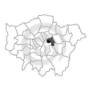 Map of tower Hamlets in Greater London province on white background. single County map highlighted by black colour on Greater