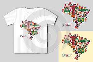 Map from traditional symbols of Brazil. Travel concept with t-shirt mockup