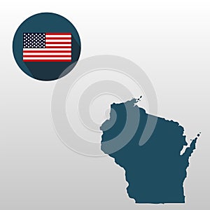 Map of the U.S. state of Wisconsin on a white background. American flag