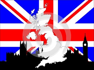 Map of UK on British flag