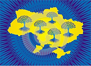 Map of Ukraine on the background of an openwork mandala. Trees of life.