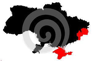 Map of Ukraine and the conflict with Russia. Anexed Crimea. DNR war. Black Red and White background