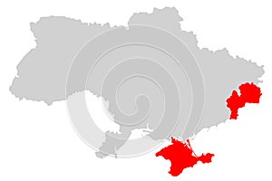 Map of Ukraine and the conflict with Russia. Anexed Crimea. DNR war. Gray Red and White background