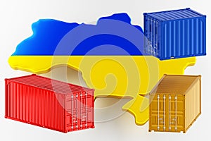 Map of Ukraine land border with flag. Freight shipping in containers. 3d rendering