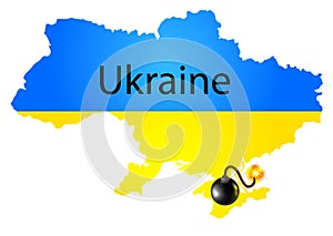 Map of Ukraine in National flag colors with bomb