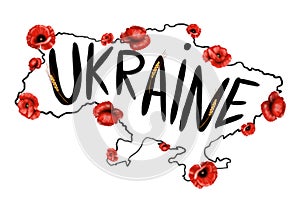 Map of Ukraine with red poppies and  text in English Ukraine.