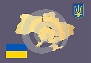 Map of Ukraine with rivers and lakes, Coat of arms of Ukraine, and Flag of Ukraine