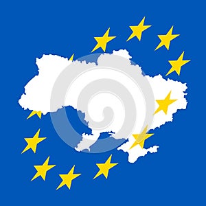 Map of Ukraine and stars forming circle around it in ukrainian flag colors. Uniting with European Union. Vector