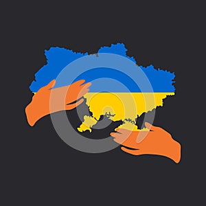 A map of Ukraine with yellow and blue colors of the national flag on a black background in the hands of strong-willed people defen