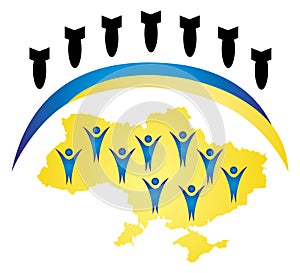 Map of Ukraine in yellow. People with their hands up hold a dome that protects them from bombs.