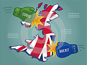 Map of United Kingdom with Covid and Brexit boxing gloves and impact stars. Vector illustration.