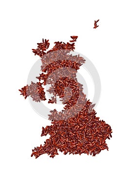 Map of the United Kingdom made with red rice grains on a white isolated background. Export, production, supply, agricultural or