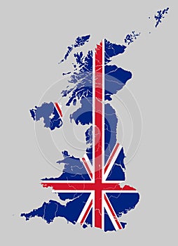 Map of the United Kingdom with rivers on British flag.