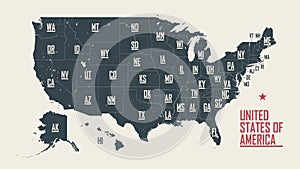 Map of the United States of America, with borders and abbreviations for US states, Detailed vector illustration photo