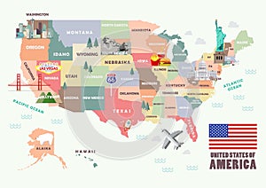 Map of the United States of America with Famous attractions