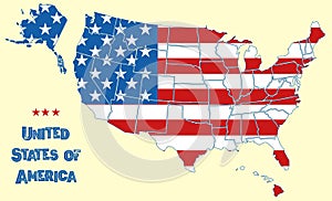 Map of the United States of America. Flag of USA throughout territory with borders of all states, stars and stripes on
