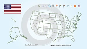 Map of The United States of America Outline For Each Countries With USA Flag And Locator Collection