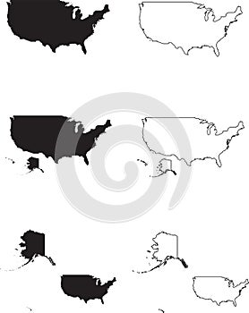 Map of the United States of America. Set of six American Maps. Black Silhouette and outline of USA. Editable US Map EPS Vector.