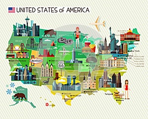 Map of the United States of America and skyline Travel Icons