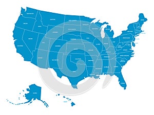 Map of United States of America with state names. Simplified dark grey silhouette vector map on white background photo