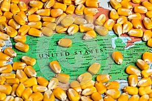 Map of United States of America surrounded by corn kernels