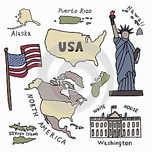 Map of the United States of America and the symbols of America.