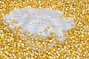 Map of United States of America under a background of corn seeds