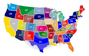 Map of The United States of America USA with Colorful States with Name Illustration on White Background