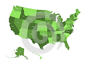 Map of United States of America, USA, in four shades of green with white state labels. Simple flat vector illustration