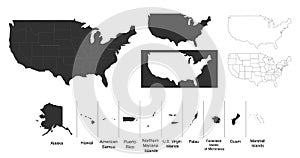 Map of The United States of America USA with territories and Islands. Different map variations for your design. Stock Vector