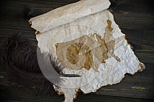 Map of united states of america on vintage paper with old pen on the wooden texture desk