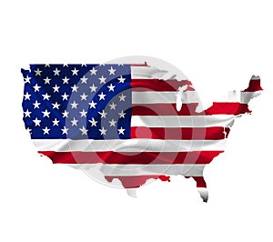 Map of United States of America with waving flag isolated on white