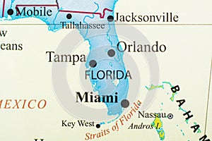 Map of United States focus on the state of Florida