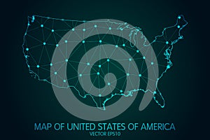 Map of United States - With glowing point and lines scales on the dark gradient background, 3D mesh polygonal network connections