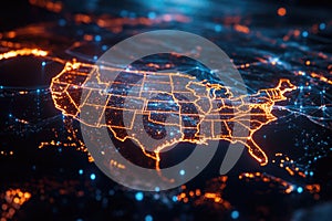 Map of the United States is lit up with orange and blue lights