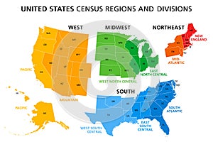 Map of United States split into Census regions and divisions