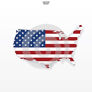 Map of the USA with american flag pattern. Outline of `United States of America` map on white background.