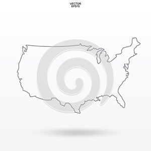 Map of USA. Outline of `United States of America` map on white background with soft shadow.