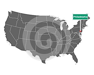 Map of the USA with road sign Philadelphia